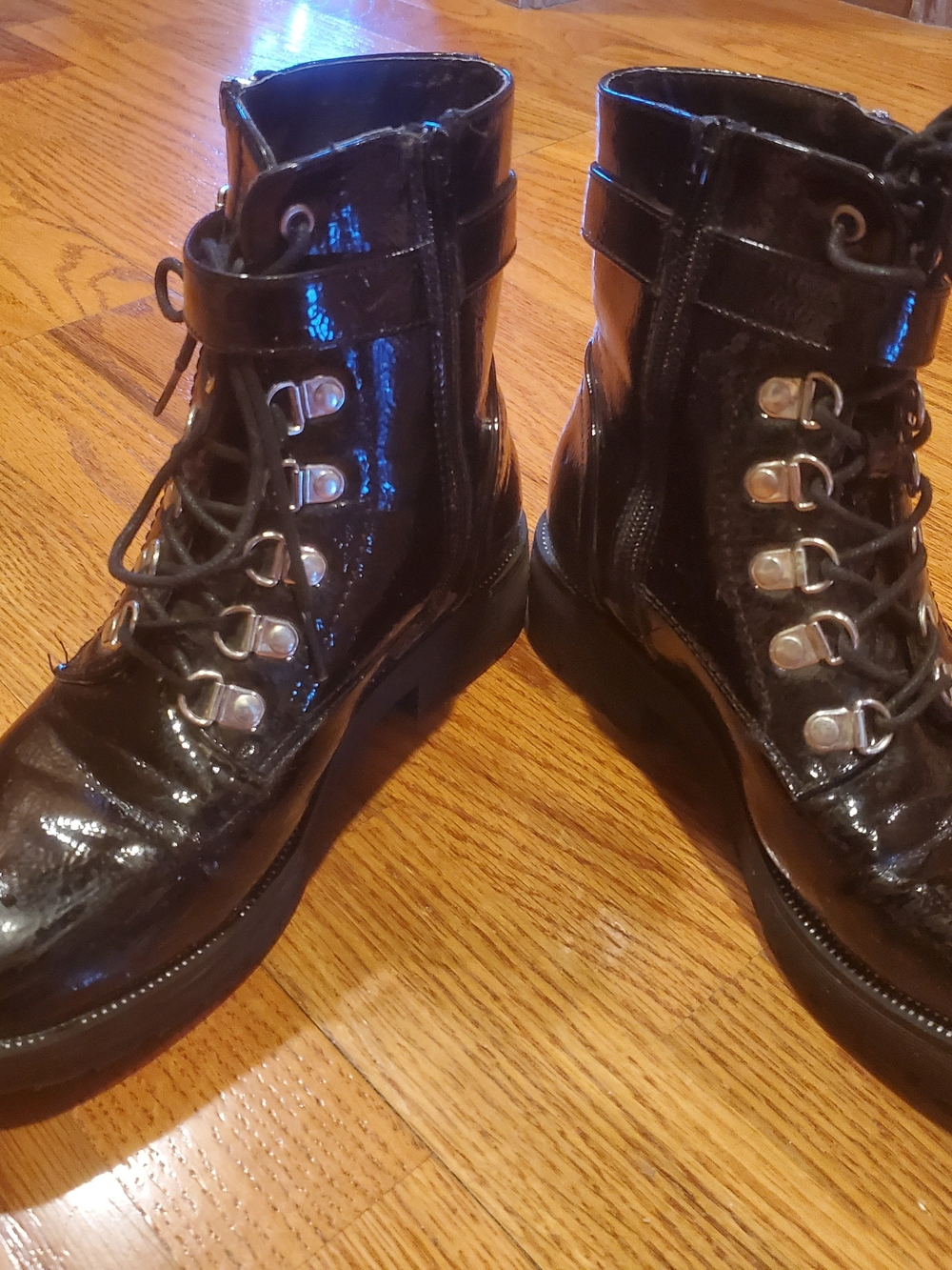 Women’s Black Patent Combat Boots with Lace-Up Front